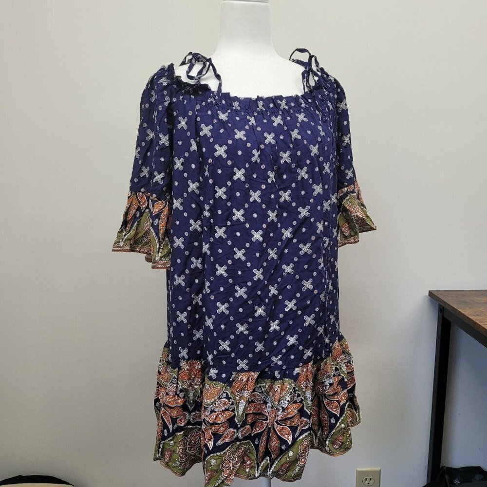 Umgee USA Mini Dress Tunic Top Navy Blue Paisley Size Medium Boho